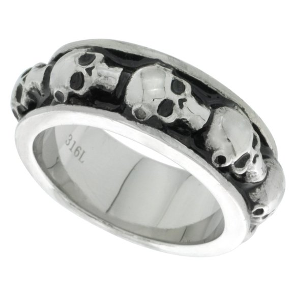 Surgical Stainless Steel Skull Wedding Ring 9 mm, sizes 9 - 15 - Picture 1 of 1